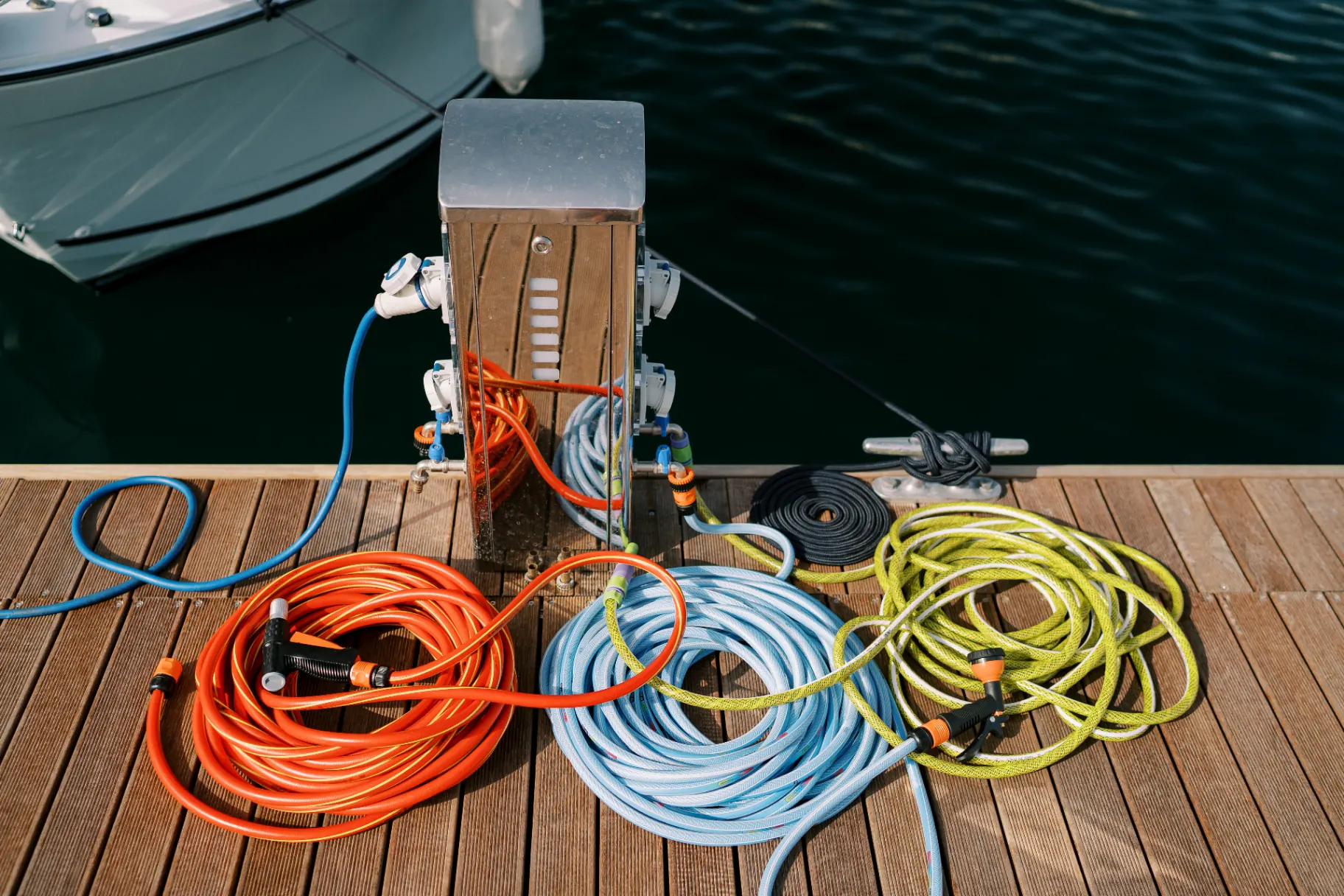 Marina pontoon services pedestal with shore power and water connections