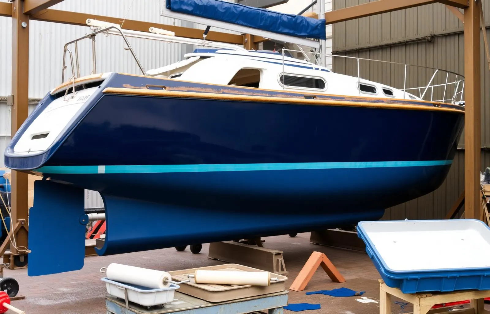 Leisure boat hull freshly antifouled in dark blue, ready to splash.