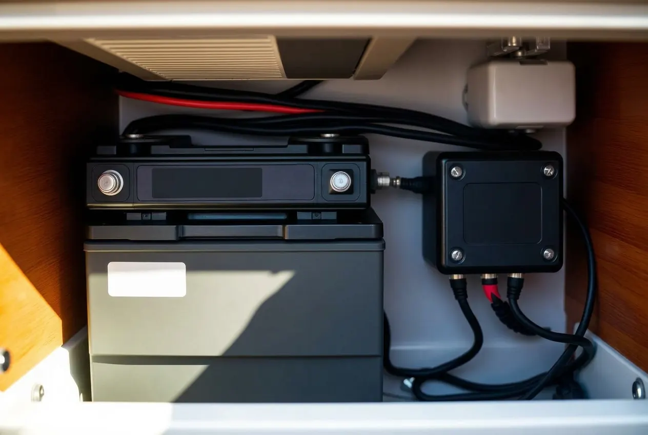 Pure sine wave marine inverter and battery bank wired into a boat locker.