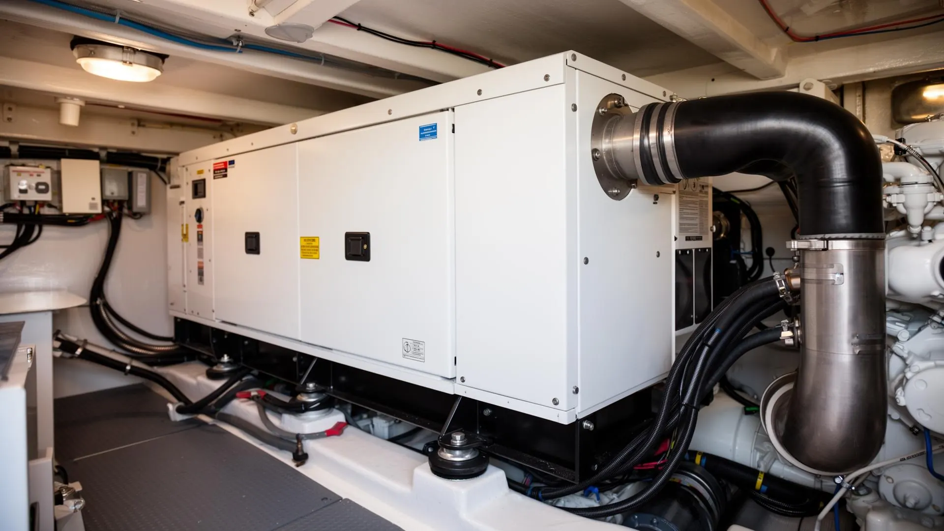 Marine diesel generator in a white sound-shield enclosure, installed in the engine room of a motor boat with wet exhaust and vibration mounts.