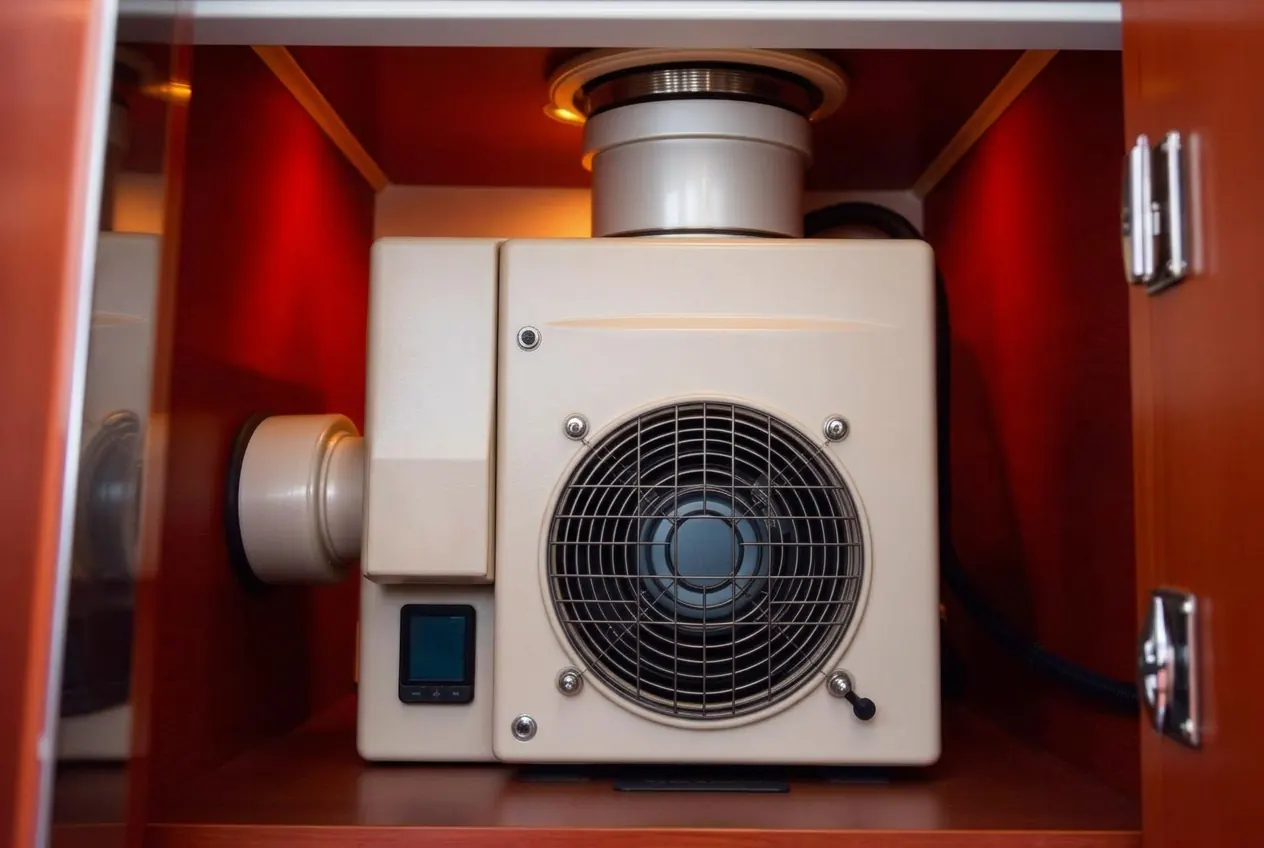 Diesel cabin heater unit installed cleanly inside a boat locker.