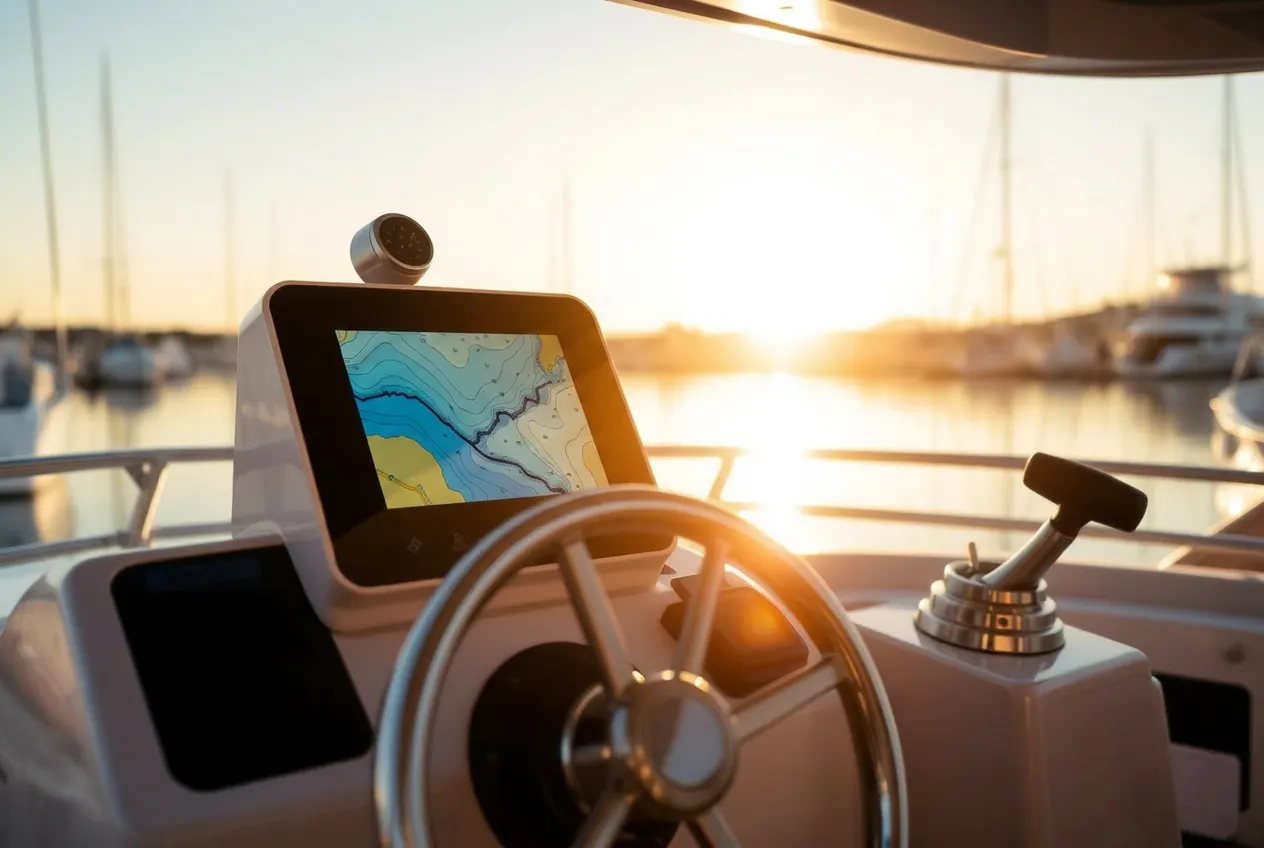 Chartplotter mounted at a boat helm at sunset over a marina.